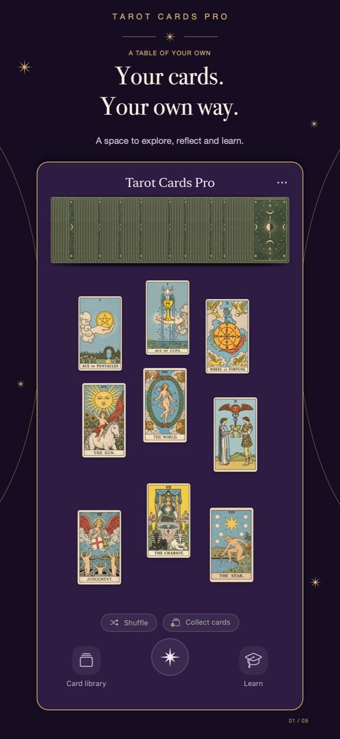 Tarot Cards Pro reading table with illustrated tarot cards