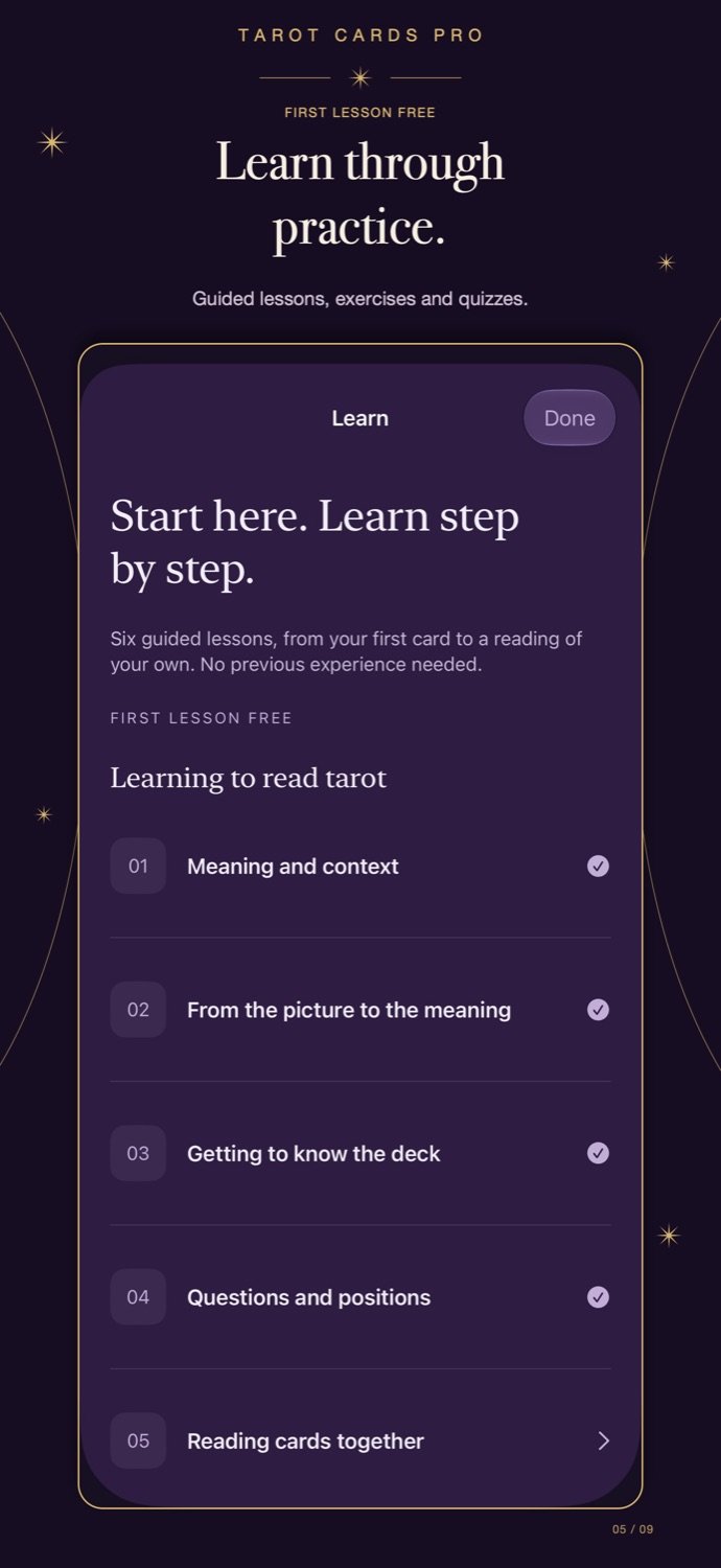 Step-by-step tarot learning screen